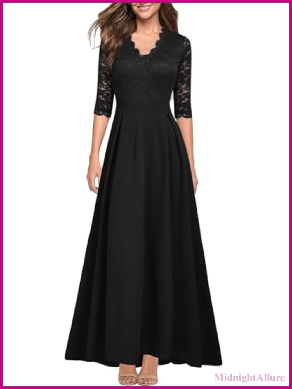 Lace V-Neck Long Formal Wedding Bridesmaid Swing Dress